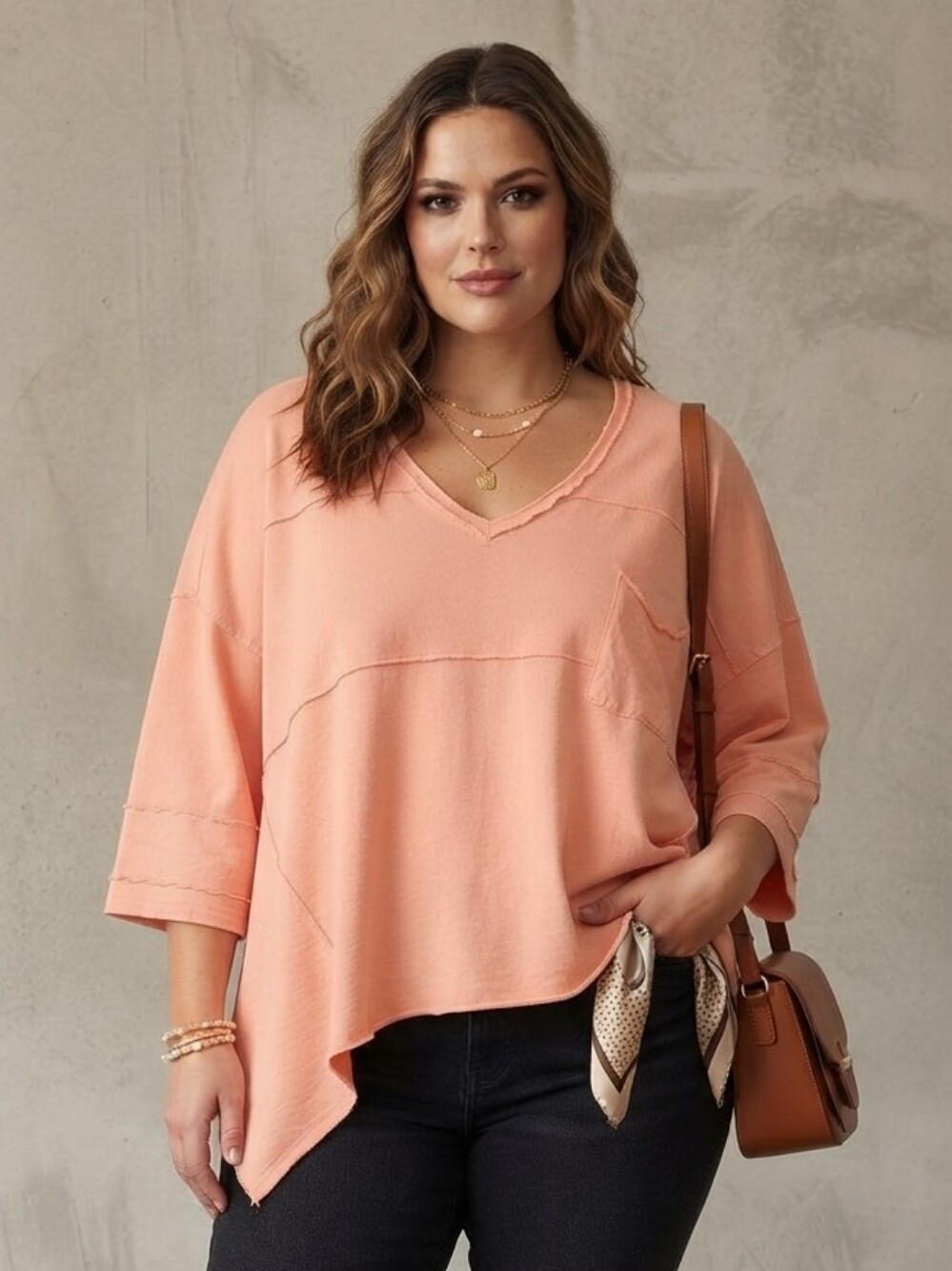 NWT Easel Oversized Boho Cotton Sweatshirt Coral Raw Edge Flowy Size 1X